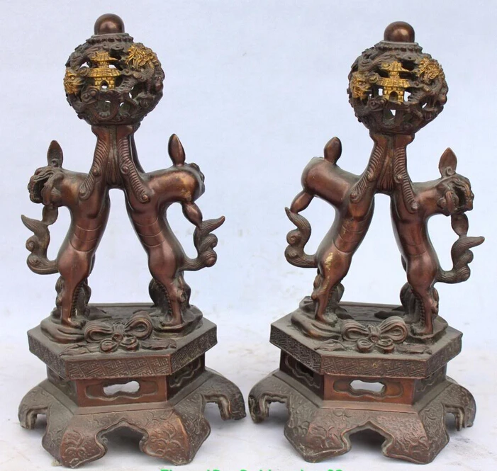 

bi00307 15" Collected Chinese Bronze Gilt Foo Fu Dog Lion Fengshui Dragon Ball Pair Base
