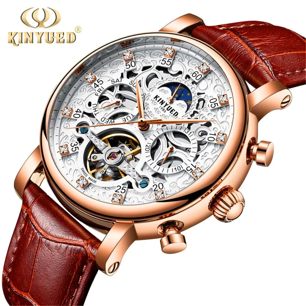 KINYUED повседневные часы с бриллиантовым дисплеем Tourbillion для мужчин Moon Phase