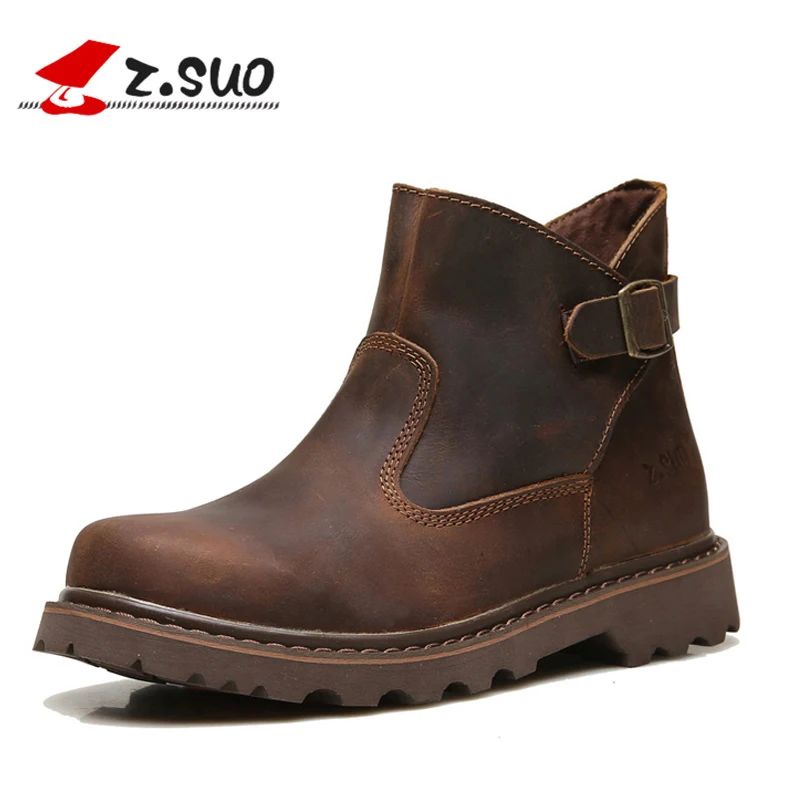 

Z.Suo Female Women Winter Boots Autumn Girls Shoes Genuine Leather Slip On Flat Rubber Brown Cow Leather Women Ankle Boots Q227N
