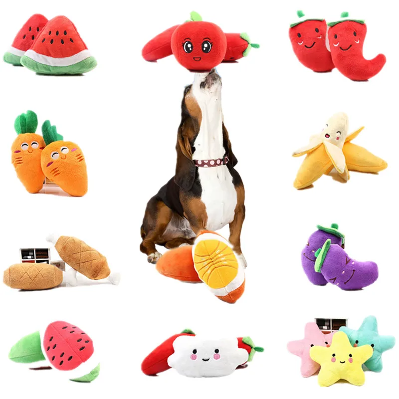 

1pc Rainbow Bone Fruit Vegetable Chicken Drum Squeak Toy For Dog Puppy Plush Red Pepper Radish Duck Sounding Cat Pet Chew Toys