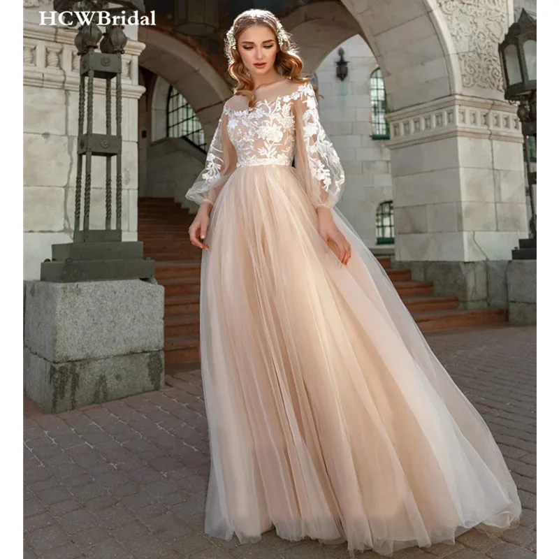 

Light Champagne Wedding Dress 2019 New Long Sleeve Gorgeous Appliques A Line Arabic Bridal Dresses Custom Made Robe De Mariee
