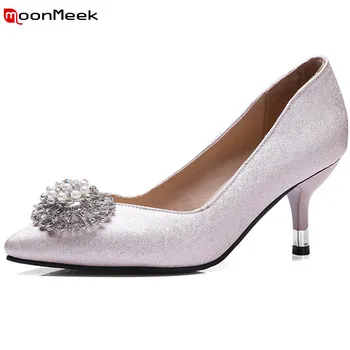 

MoonMeek spring summer sexy ladies pumps high heels slip on with crystal pointed toe thin heels women party wedding shoes