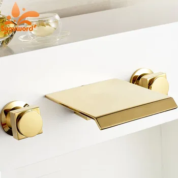 

Gold Finish Waterfall Spout Tub Faucet Wall Mount 3 Holes Bath Mixer Tap