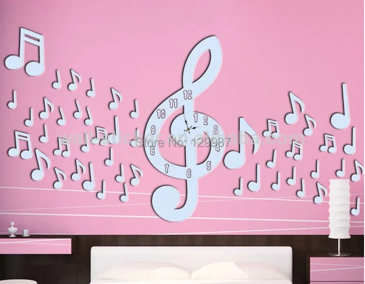 Дизайн музыкальные ноты настенные часы зеркальные наклейки, 3D Декоративные часы зеркальные наклейки на стену