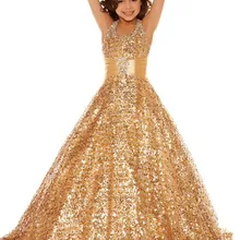 Потрясающие Красивые пышные платья для девочек с блестками Золотое детское вечернее платье бальное платье с лямкой на шее платье с цветочным узором для девочек на заказ