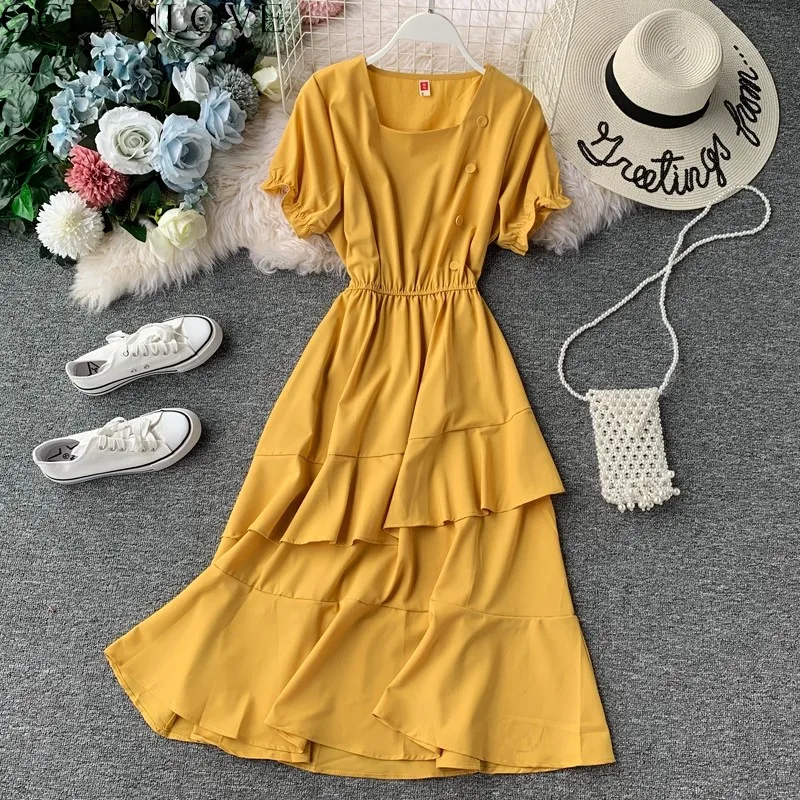 

OCEANLOVE Ruffles Vintage Chiffon Long Dresses Short Sleeve High Waist Button Women Summer Dress 2019 High Waist Vestidos 12452