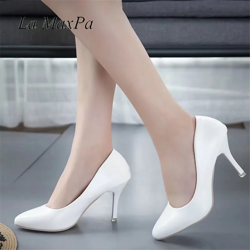 

La MaxPa Size 34-43 Slip on Thin High Heel Pumps 2018 Women New Fashion Sexy Prom Party Shoes Classic Office Career Leather Shoe