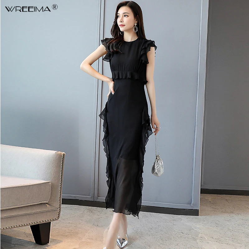 Wreeima Nieuwe 2019 Zomer Runway Designer Casual Lange Jurk vrouwen Mouwloze Luxe zwart Patchwork Ruches Chiffon Maxi Jurk Wreeima Nieuwe 2019 Zomer Runway Designer Casual Lange Jurk vrouwen Mouwloze Luxe zwart Patchwork Ruches Chiffon Maxi Jurk
