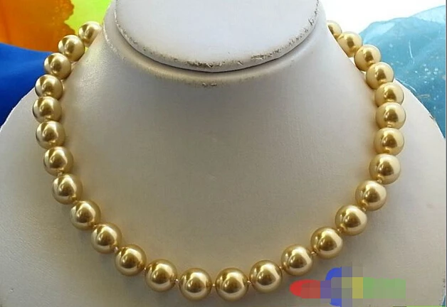 

17" 12MM GOLD ROUND SOUTH SEA SHELL PEARL NECKLACE p981^^^@^Noble style Natural Fine jewe FREE SHIPPING