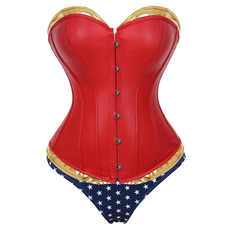 Miglior Delle donne di Cuoio Del Faux Del Corsetto Più Bustier Wonder Woman Costume Con Il Blu Breve Cosplay di Supereroi Costume Sexy Più Il Formato Costumi Rosso