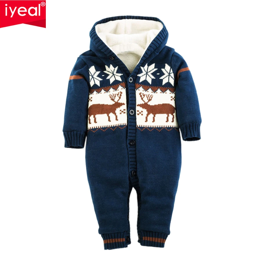IYEAL/комбинезон для новорожденных мальчиков и девочек; толстый теплый Хлопковый вязаный свитер; Верхняя одежда с капюшоном и рождественским оленем; зимний детский комбинезон