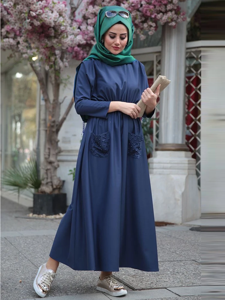 Абая для мусульманских женщин исламское женское свободное платье в пол платья с карманами и шарфом