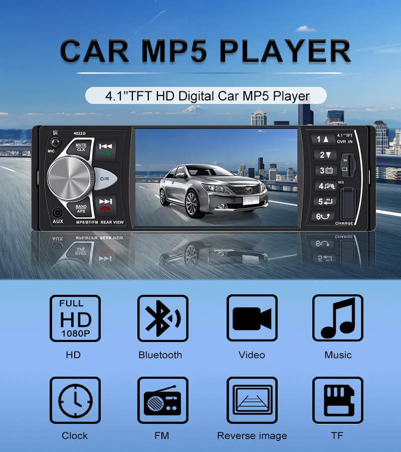 Автомагнитола Авто аудио стерео 4,1 дюймов 1 Din FM Bluetooth 12 В Поддержка камеры заднего вида USB FM MP4 MP5 USB SD TF Авторадио 4022D