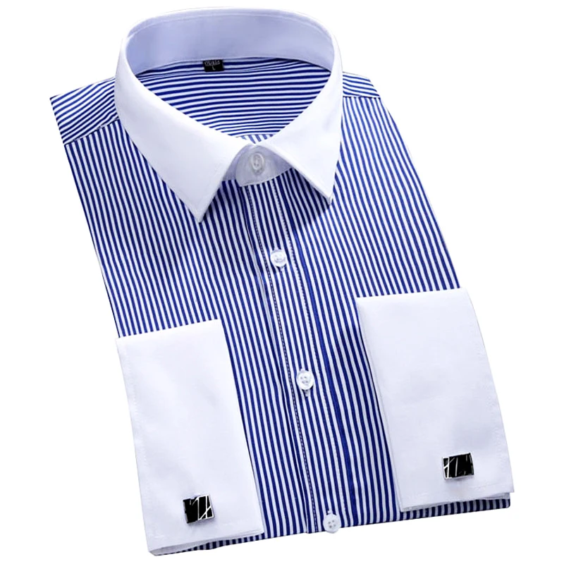 

2019 New Design White Collar Striped French Cufflinks Men Shirts Long Sleeve French Cuff Party Men Dress Shirts Plus Size 4XL 46