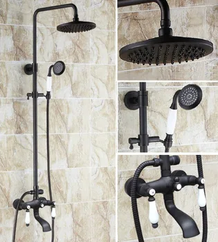 

Black Oil Rubbed Brass Dual Ceramic Handles Bathroom 8 Inch Round Rain Shower Faucet Set Bath Tub Mixer Tap Hand Shower mhg146