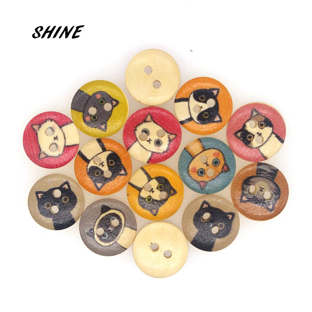

50PCs Wood Buttons For Needlework Handicraft 2 Holes Cat Pattern Buttons For Clothing Patchwork DIY Craft 2018 NEW