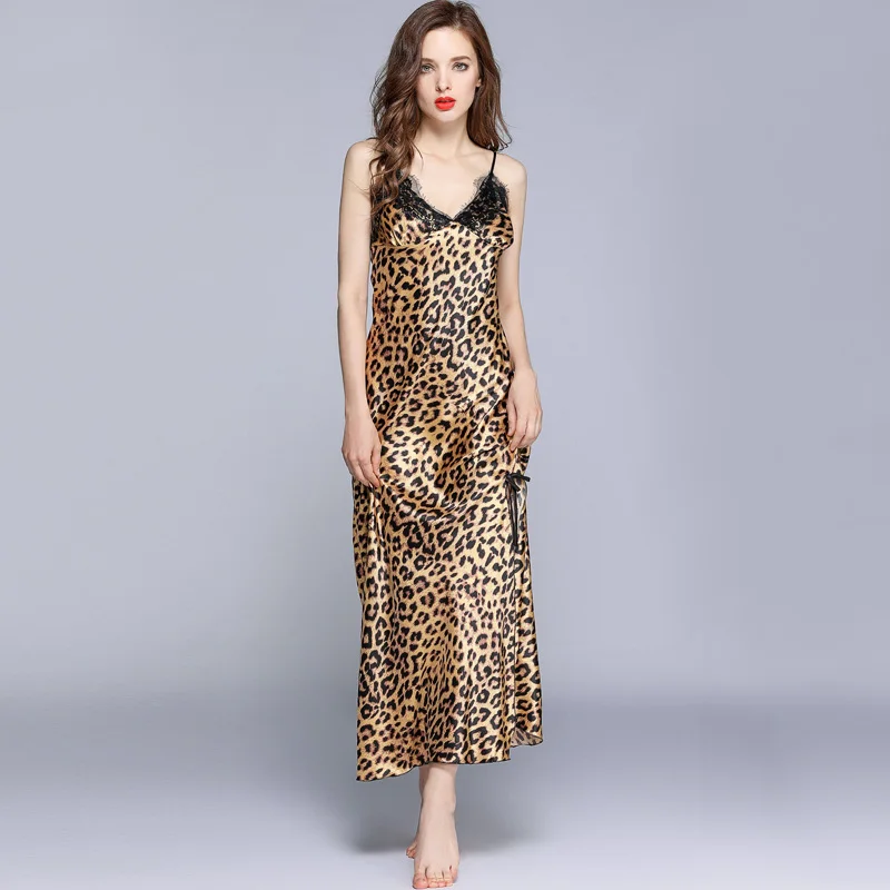 

Sexy Leopard Print Long Nightdress For Women Spaghetti Straps Nightgown Sleepwear Ladies Silky Lace Dress Nightie Homewear