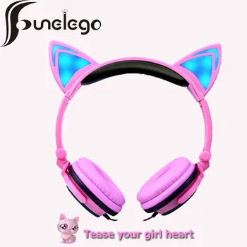 

Funelego Female Foldable Flashing Glowing Cat Ear Headphones with LED lights For PC Laptop Computer Mobile Phone Gaming Headset