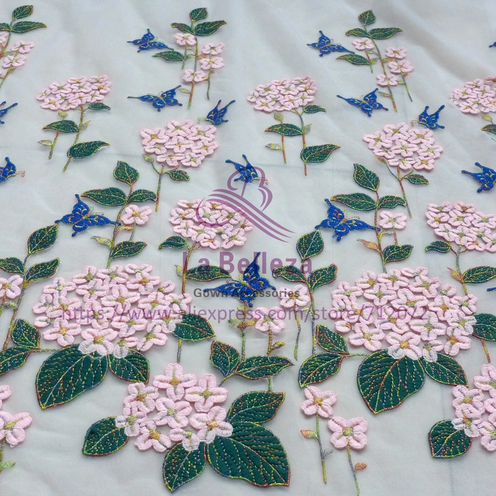 

La Belleza New pink green mixed colours 3D flowers lace fabric 47" width 1 yard