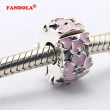 Подходит Пандора браслеты примулы клип Подвески с розовой эмалью и прозрачного кубического циркония 925 стерлингового серебра ювелирные изделия бусины