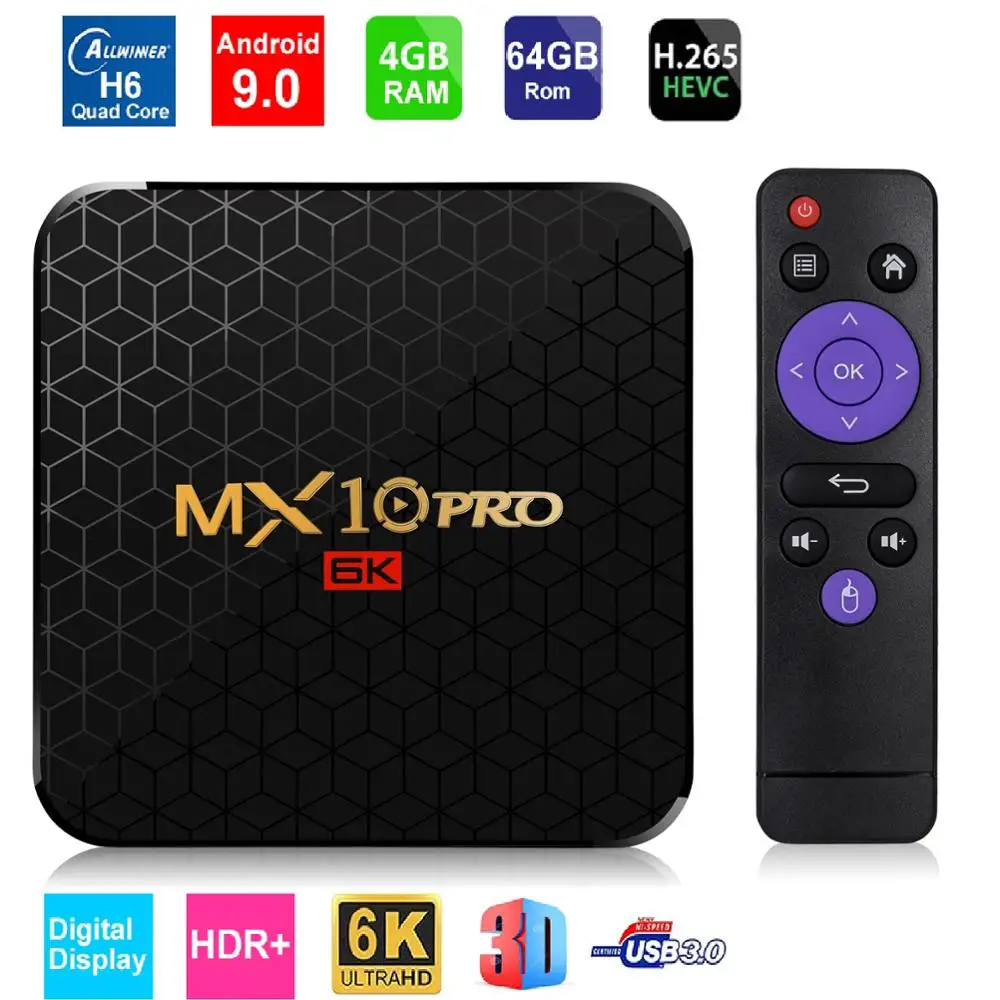 

6K Set Top Box Android 9.0 Smart TV Box Quad Core 4GB RAM 32GB/64GB ROM USB3.0 WIFI H.265 HDR IPTV Set top Box 4 Media Player