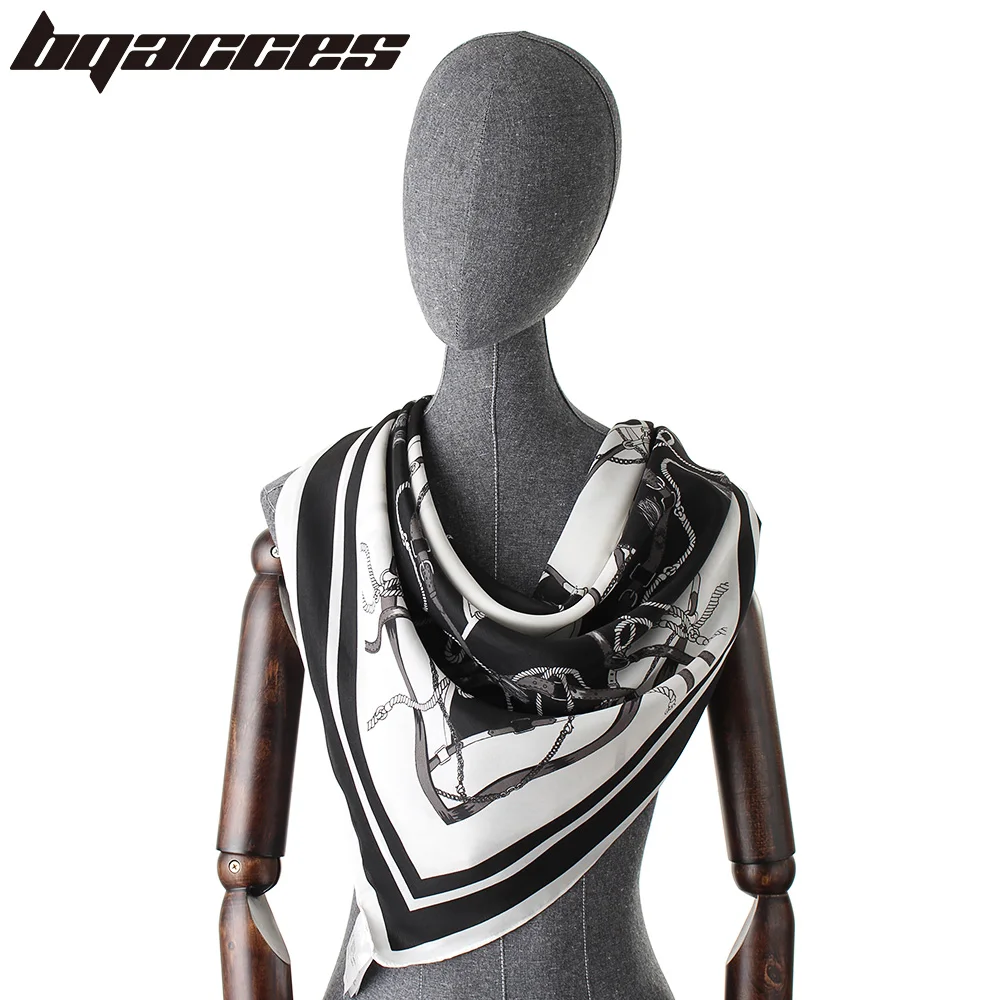

[BQACCES] New Bandana Silk Square Scarf Black White Belt Chain Print Georgette Silk Scarves Fashion Headband Shawl Wraps 93*93cm