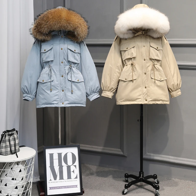 Goede Fitaylor Winter Jassen Vrouwen Witte Eendendons Grote Natuurlijke Wasbeer Bontjas Hooded Parka Vrouwelijke Sash Tie Up Sneeuw Uitloper