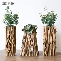 Handmade wooden geometric vase decoration Fake flower decoration Living room potted flower arrangement With lights