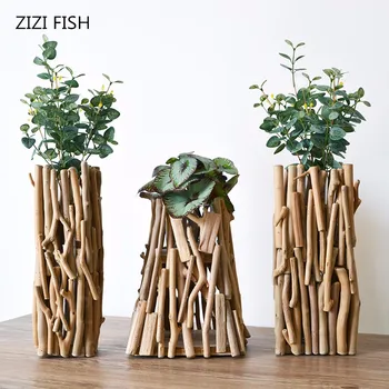 

Handmade wooden geometric vase decoration Fake flower decoration Living room potted flower arrangement With lights