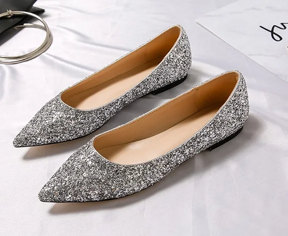 Женские блестящие туфли на плоской резиновой подошве с острым носком, расшитые блестками; цвет черный, белый, серый; свадебные туфли на плоской подошве; большие размеры 15, 45, 34 - Цвет: silver