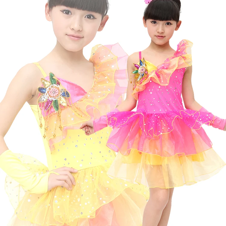 

Free Shipping Yellow Pink Children Summer Princess Dress Stage Performance Ballroom Dancing Costume Kids Girls Dance Clothes