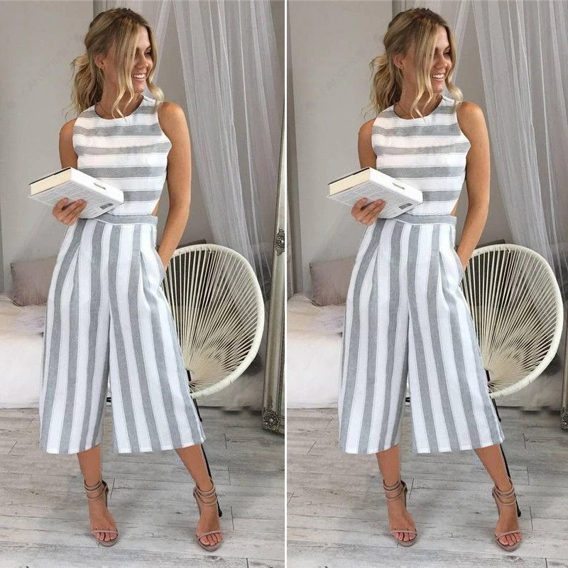 

2018 Striped jumpsuit Rompers for Women Overalls Ladies Loose Calf Length Wide Pants for Woman Jumpsuits for Girls Cut-out Waist