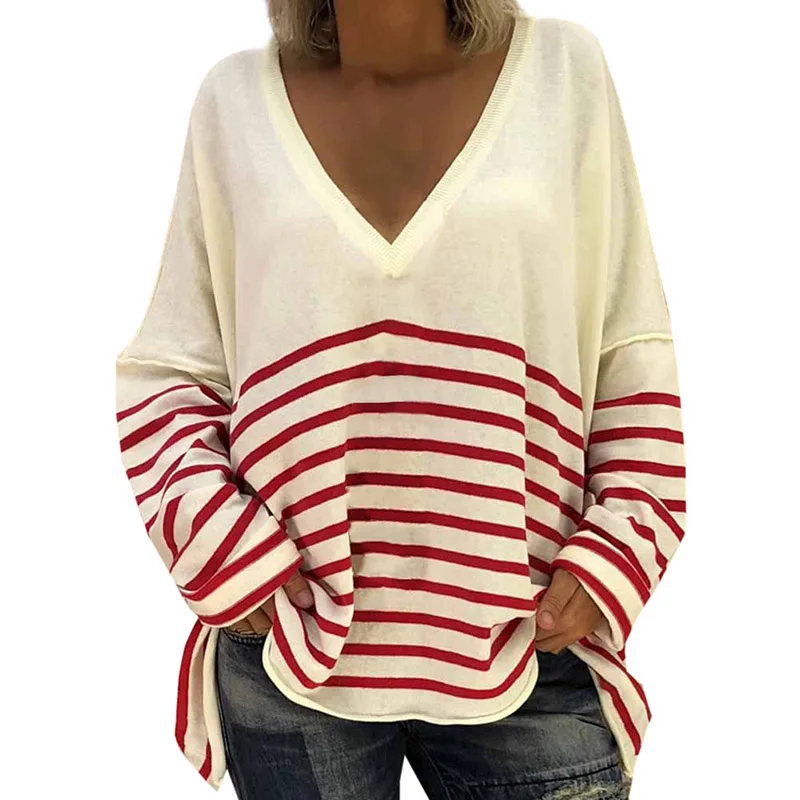 Sweatshirts V neck Assorted Color Stripe Cutout Long