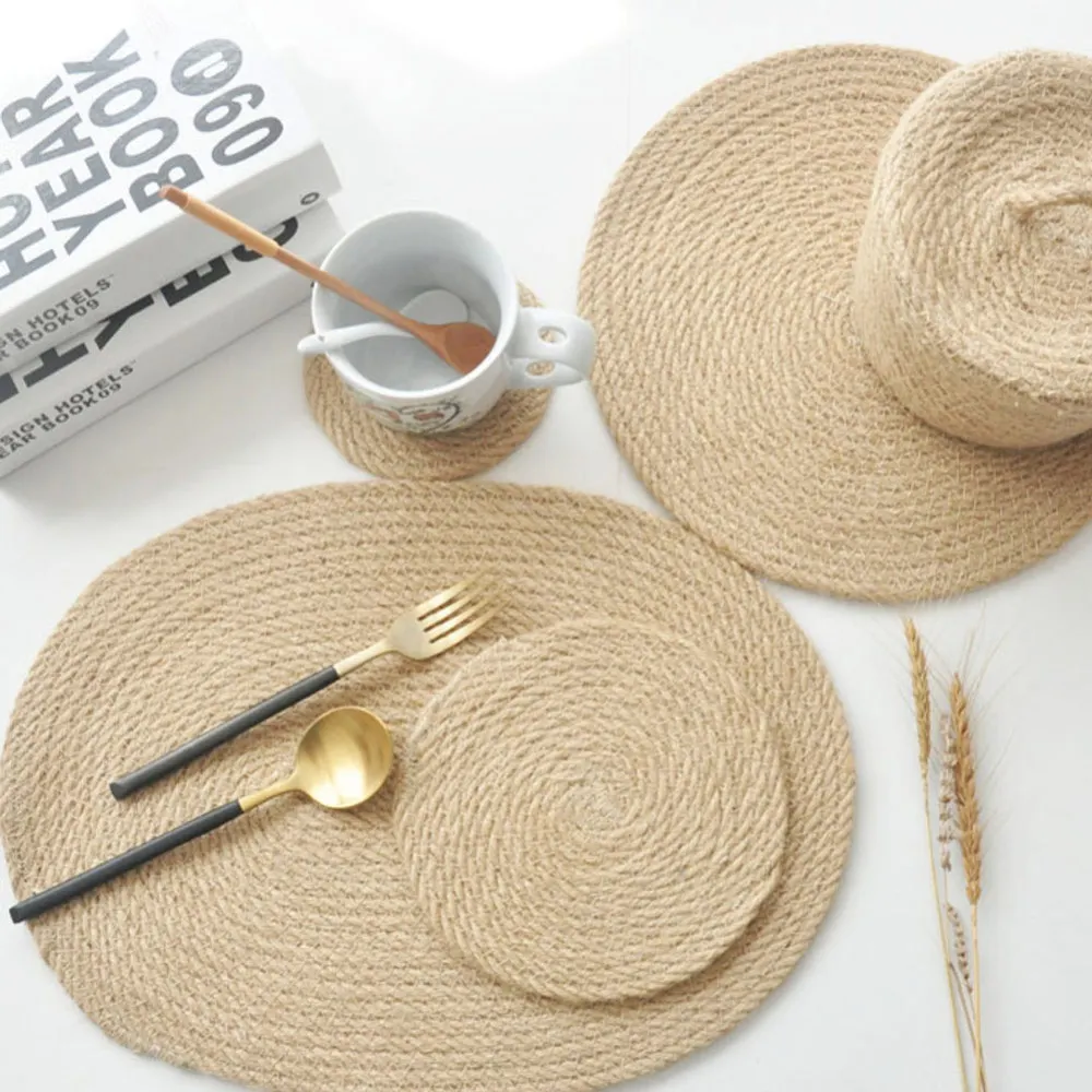 

Japanese Style Simple Cotton Linen Pad Hand-Woven Dining Table Mat Thick Insulation Pads Coffee Drink Tea Cup Placemats