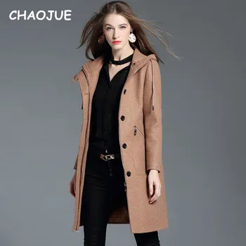 

CHAOJUE Brand Woman Brown Hooded Woolen Coat Autumn/Winter Lady Warm Zipper Overcoat High Quality Trench Coat Free Shipping
