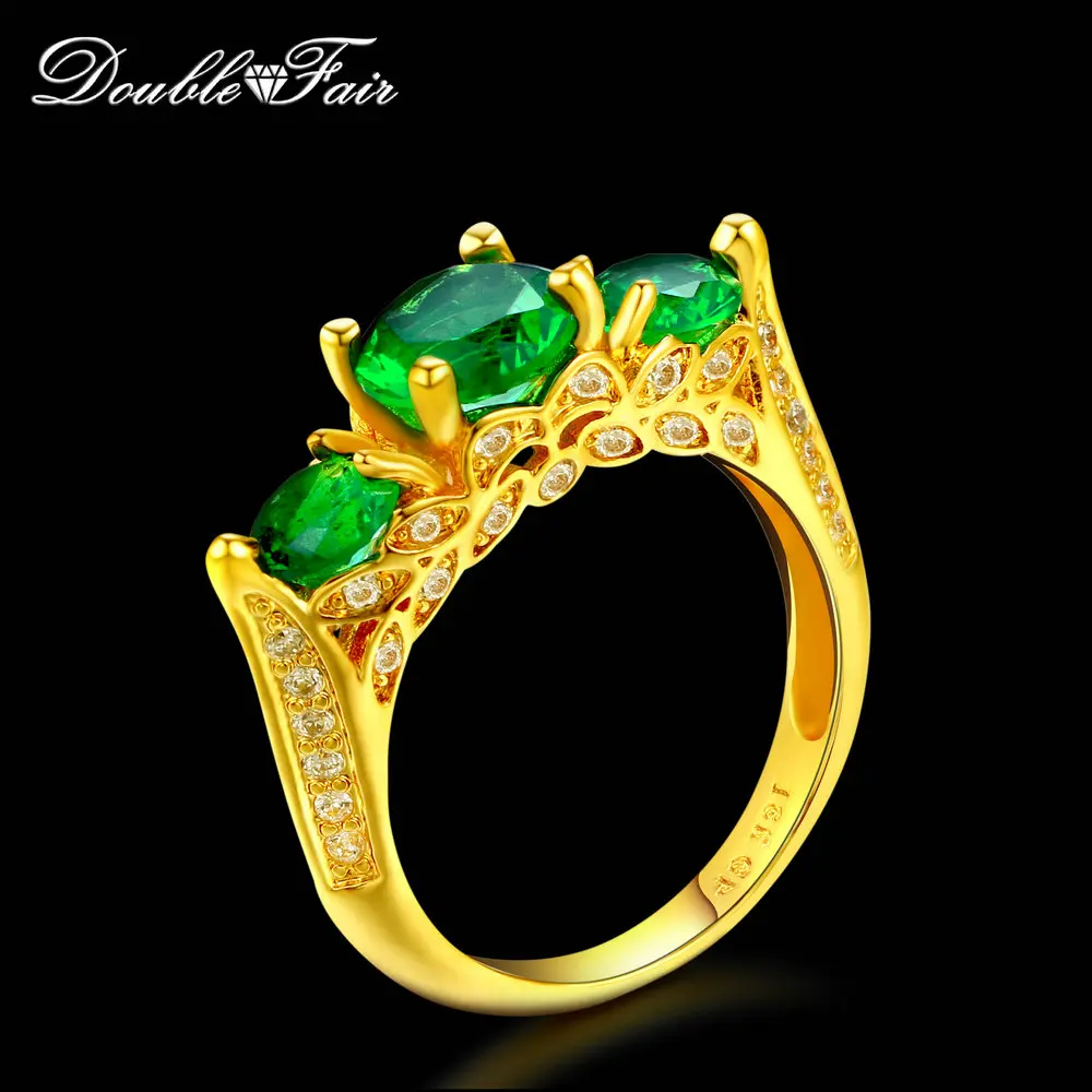 

Double Fair Top Quality Vintage 3 Stone Green Crystal Rings Gold-Color Unique Fashion Retro Jewelry For Women DFR625