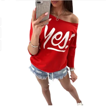 

New Women T-Shirts New Letter YES ! Print Ladies Tops Slash Neck Casual One Shoulder Long Sleeve Female Tee Tops 7Q1422