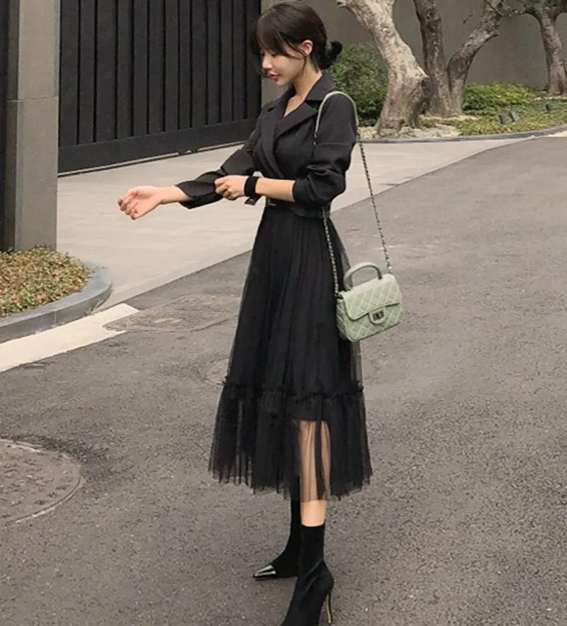 Осень-зима, женское сексуальное платье с высокой талией и сеткой, женское черное платье с длинным рукавом