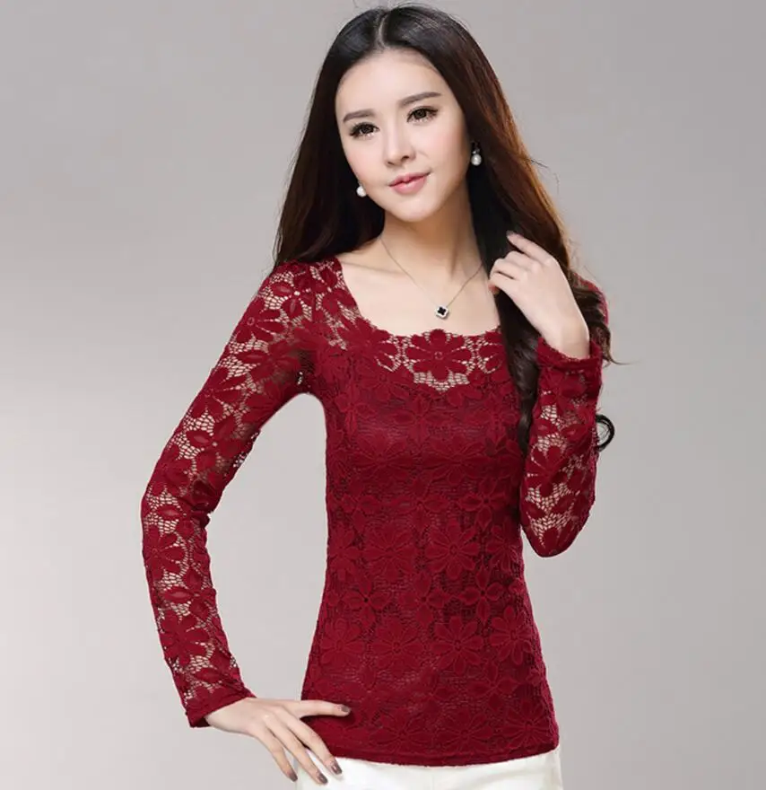 blouses & shirts Plus size S-5XL 2018 New fashion Women's Lace Crochet Blouses Shirts Long Sleeve Sexy Tops Women Lace Blouse camisa feminina long sleeve blouse Blouses & Shirts