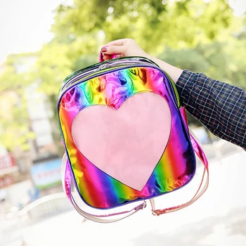 

50pcs/lot Hologram Rainbow Laser Backpack Silver Transparent Love Backpack Teenager Girls School Bag Women Leather Backpack