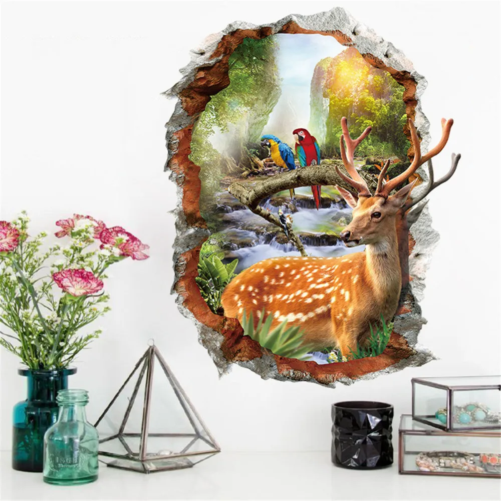 

3D Deer Parrot Broken Window Wall Stickers Home Decor Animals Wall Decals Mural Kid's Living Room Bedroom Decorative Sticker