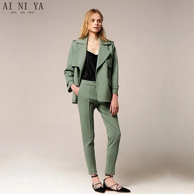 Jacket+Pants Women Business Suits Formal Dark Green Office Uniform