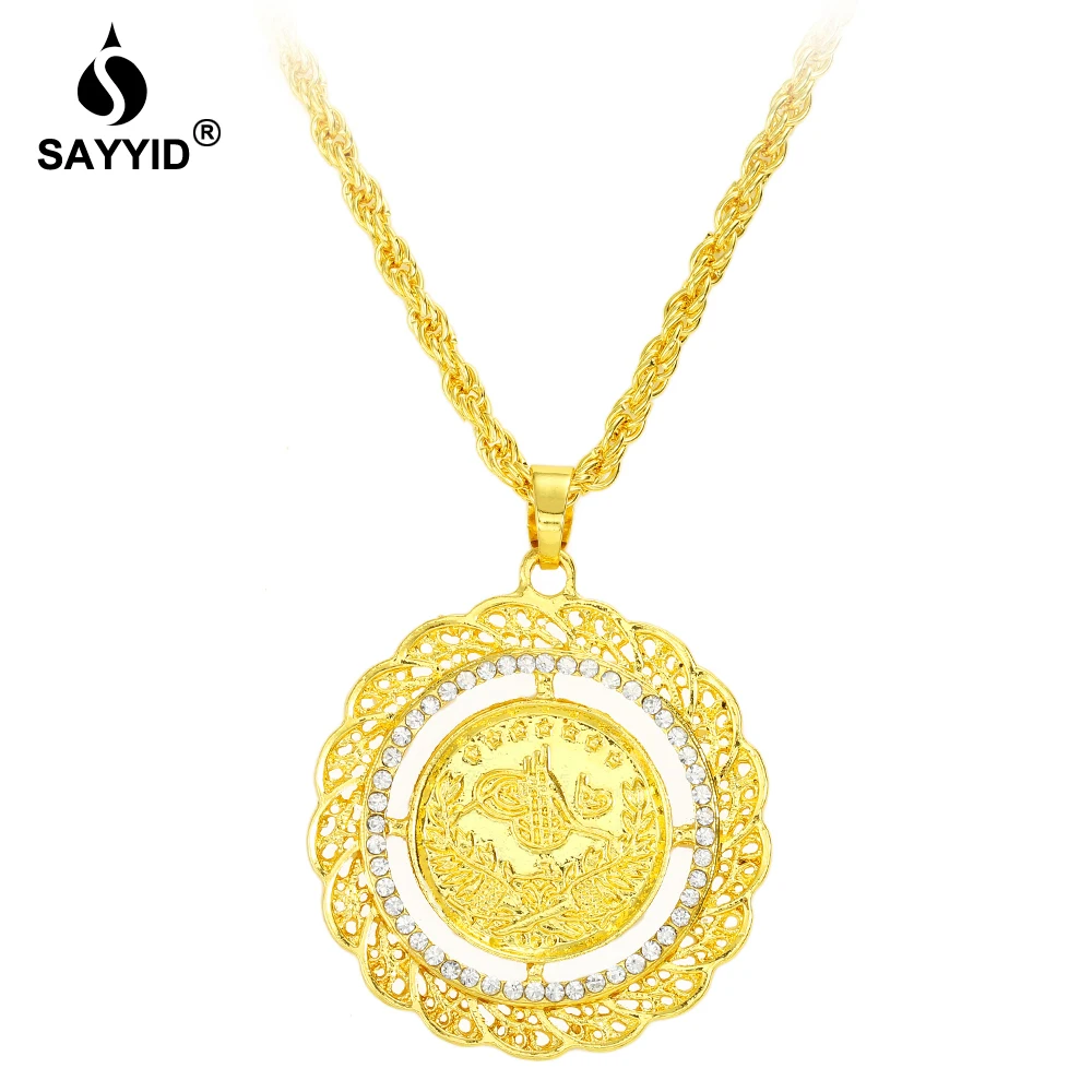 

Middle East Saudi Arabia Hot Sale Badge Pendant Necklace for Men's Fashion Plating yellow gold color inlay Rhinestone Necklace