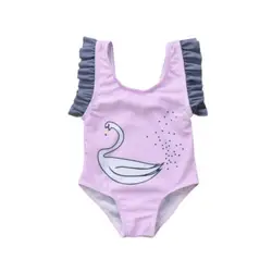 2019 новый летний для новорожденных девочек Лебедь рюшами Купальники купальник мультфильм печати наряды одежда Пляжная одежда США со