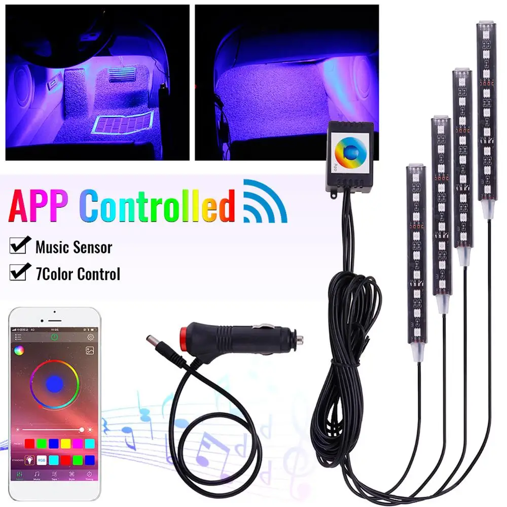 

4 Pieces 36/72LED Interior Car RGB Bluetooth APP Remote Control Light Music Voice Control Auto LED Lighting Strip LED Light Tape