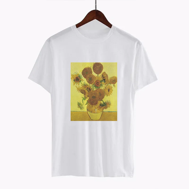 2018 Funny Women Tshirt Tee Vogue Summer Tops Female Clothes Van Gogh Oil Print Round Neck Plus Short Sleeve White T shirt Tops