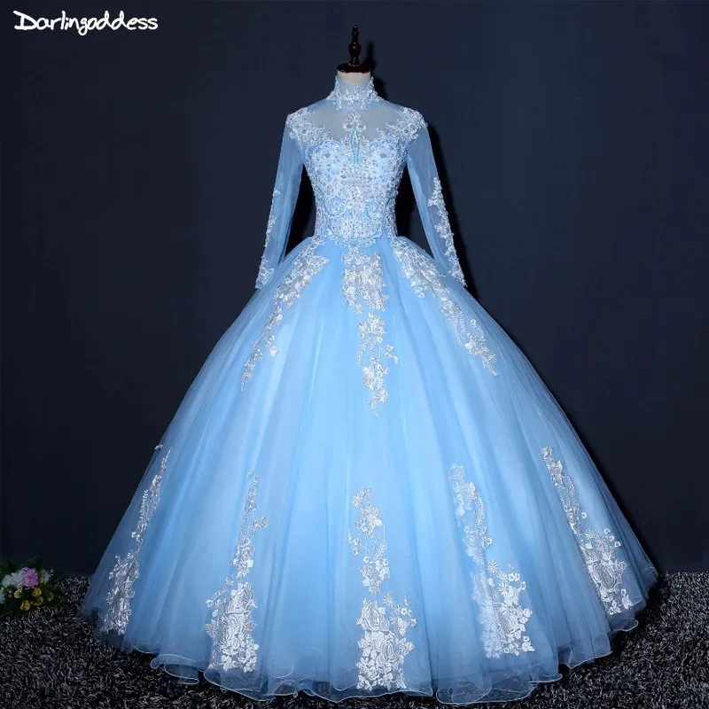 

Vestido de Novia Long Sleeve Muslim Wedding Dresses Ball gown High Neck Wedding Dress Skye Blue Appliques Lace Wedding Gowns