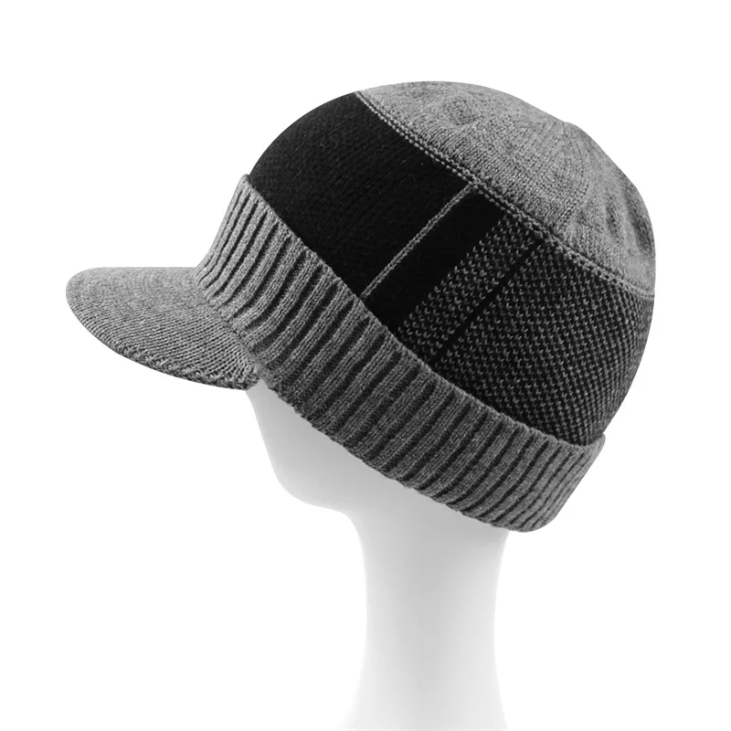 Warm Winter Men Hat Knit Cable Visor Male Beanie Fleece Lining Patchwork Beanie Stripe Newsboy Cap Outdoor Sport Adult Hat  (34)