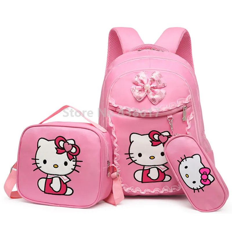 

Pink My Melody Kitten Cat Girls Backpack School Bag With Lunch and Pencil Case Set 3 for Children Primary School Book Bags