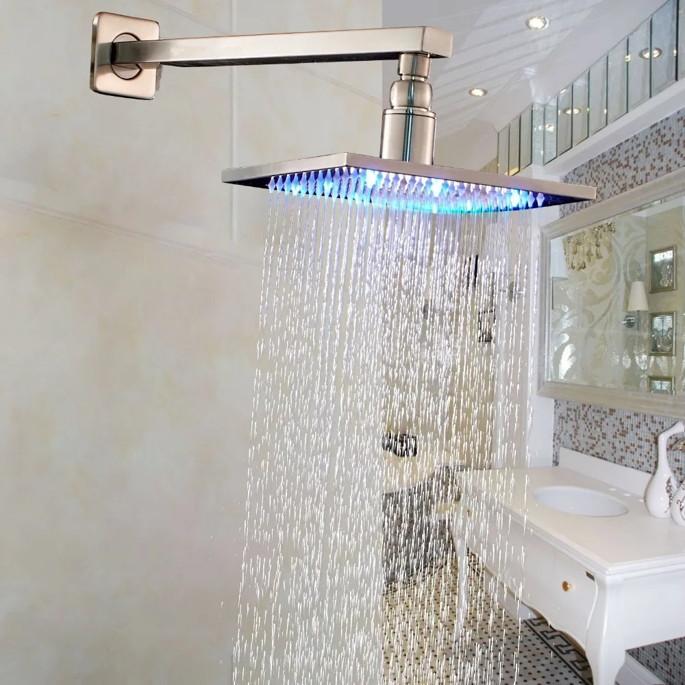 

Bathroom Wall Mount Shower Arm with LED Light 12 Inch Rainfall Shower Head Spray Brushed Nickel